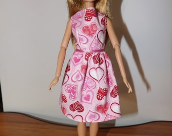 Modest pink & red heart print dress with sparkles for Fashion Dolls - ed1885