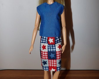 Modest red, white & blue patchwork print skirt and top set for Fashion Dolls - ed1530