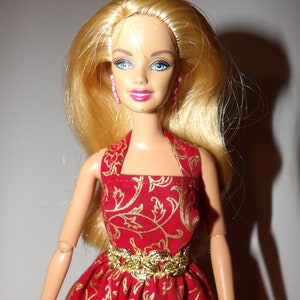 Elegant red formal dress with gold metallic scroll print & halter top for Fashion Dolls ed1853 image 4