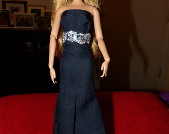 Navy blue two piece formal dress with attached silver brocade belt for Fashion Dolls - ed1072