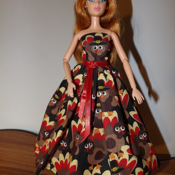 Turkey print Thanksgiving day long dress for Fashion Dolls - ed1967