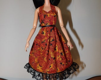 Rust leaf print fall short dress with halter top & lace trim for Fashion Dolls - ed1761