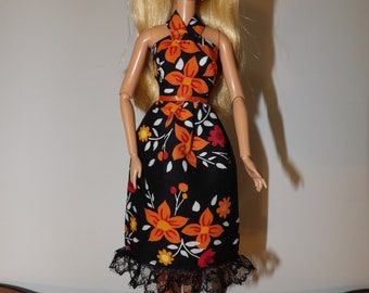 Black & orange fall floral print short dress with lace trim for Fashion Dolls - ed1765