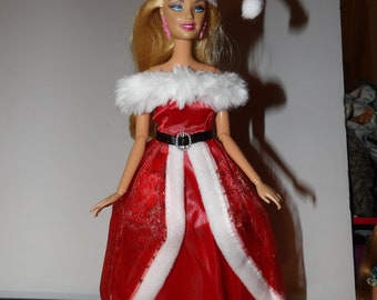 Vintage Mrs. Santa dress with faux fur shoulder wrap & Santa hat for Fashion Dolls - ed2014