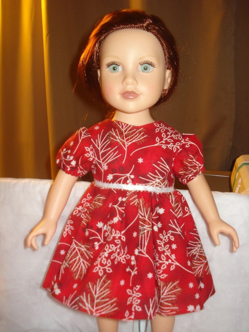 Modest holiday dress in red with white and black holly print for 18 inch Dolls ag112 image 1