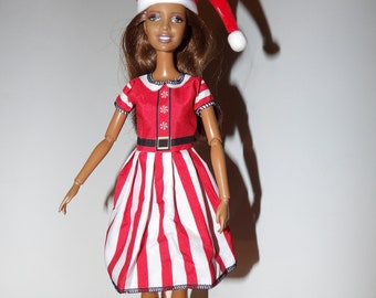 Vintage red & white striped screen printed dress and Santa hat for Fashion Dolls - ed2015