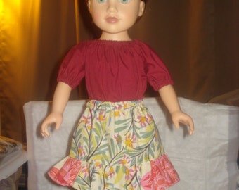 Easy to dress - Maroon Peasant top & ruffled floral skirt set for 18 inch Dolls - ag119