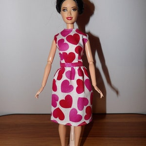 Pretty red & pink heart print modest dress for Fashion Dolls - ed1435