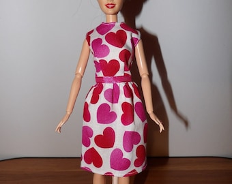 Pretty red & pink heart print modest dress for Fashion Dolls - ed1435