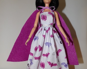 Bat lady Halloween costume with long pink & purple bat print dress and purple cape for Fashion Dolls - ed1806