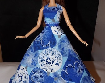 Blue, white & silver ball print formal dress with Tulle slip for Fashion Dolls - ed753