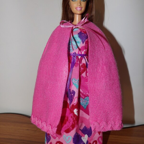 Fancy Valentine's Day Queen of Hearts pink & colorful hearts long dress and pink cape for Fashion Dolls - ed1877