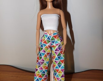 PRIDE inspired rainbow diamond print pants & white tube top for Fashion Dolls - ed1956