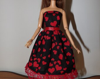Valentine's Day red & black heart print short dress with lace trim for Fashion Dolls - ed1889