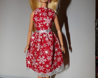 Modest knee length red & white snowflake print dress for Fashion Dolls - ed1852