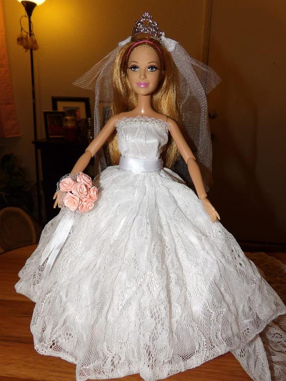 Elegant wedding dress with long train length veil, slip & floral bouquet  for Barbie Dolls - ed2054