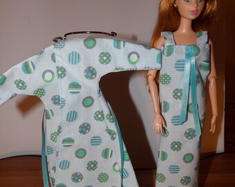 Pretty blue on blue geo print long nightgown & matching robe set for Fashion Dolls - ed1607