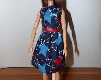 Blue & red patriotic star print modest short dress for Fashion Dolls - ed1943