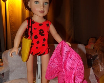 Orange & black swimsuit, pink cover-up, yellow tote bag and yellow sandals for 18 inch Dolls - ag229