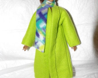 Solid lime green Fleece coat & colorful print scarf for Fashion Dolls - ed993
