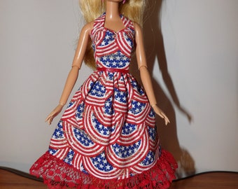 Red, white & blue 4th of July dress with red lace trim for Fashion Dolls - ed1725