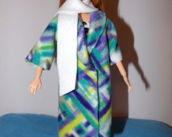 Colorful abstract print full length Fleece coat with collar and attached white scarf for Fashion Dolls - ed1228