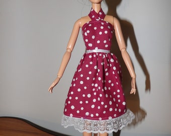 Cute pink & white polka dot halter top dress with lace trim for Fashion Dolls - ed1932