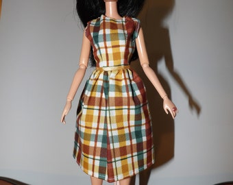 Modest dress in rust, yellow & green plaid for Fashion Dolls - ed1756