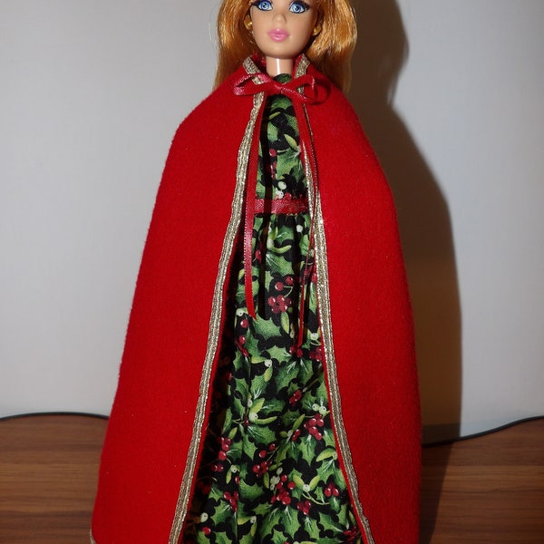 Festive modest holly & berry print formal trimmed in red lace with red gold trimmed long cape forFashion Dolls - ed1649