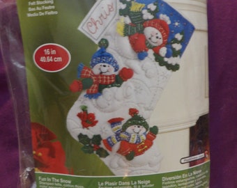 DIY Bucilla Snowmen sledding 16 inch Christmas stocking kit to make at home - sk10