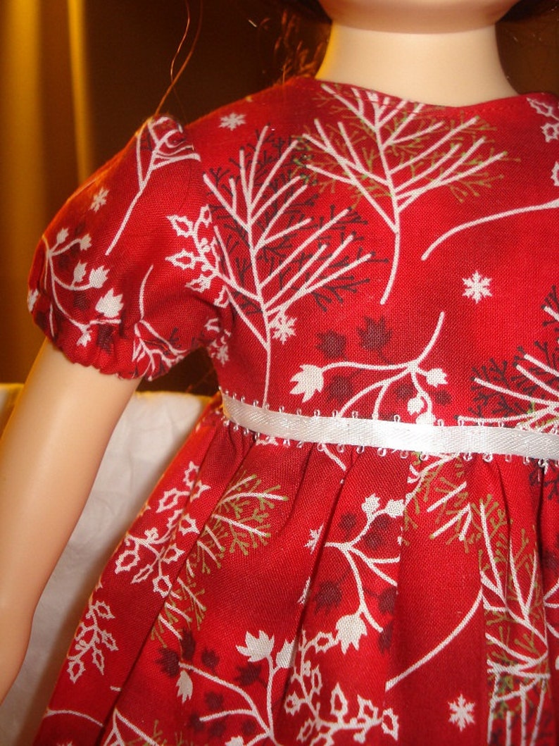 Modest holiday dress in red with white and black holly print for 18 inch Dolls ag112 image 2