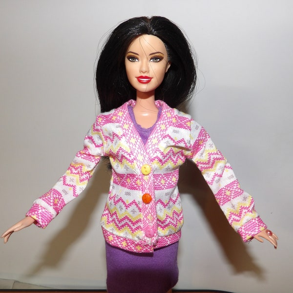 Cute pink & white argyle print sweater jacket for Fashion Dolls   ed1994