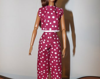 Stylish bright pink & white polka dot top and pant set for Fashion Dolls - ed1735