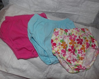 3 pair of 3 months to 6 months diaper covers in bright pink, lite blue and colorful floral print - dcs2