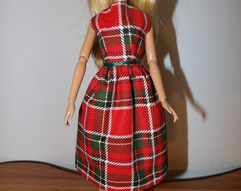 Stylish bright red & green plaid modest dress for Fashion dolls - ed1640