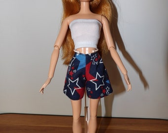 Summer blue star print shorts & white tube top for Fashion Dolls - ed1944