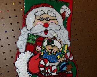 Finished handmade 16 inch felt & sequin Christmas stocking with Santa and his bag of toys - fsk42