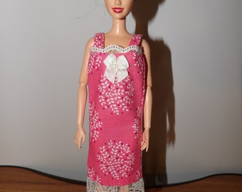 Cute short pink floral print nighty with lace & Satin bow trim for Fashion Dolls - ed1690