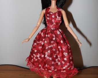 Fancy red geo print party dress with halter top, full short skirt & lace trim for Fashion Dolls - ed1704