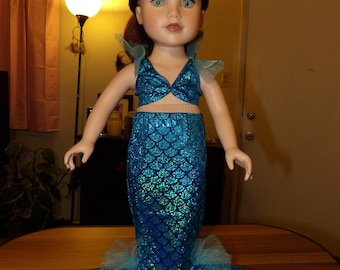 Matallic blue fish scale print Mermaid costume with top & tail skirt with Tulle fin details for 18 inch dolls - ag341