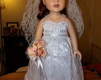 Beautiful Satin confirmation, communion or wedding dress with veil, Tulle slip & floral bouquet for 18 inch dolls - ag352