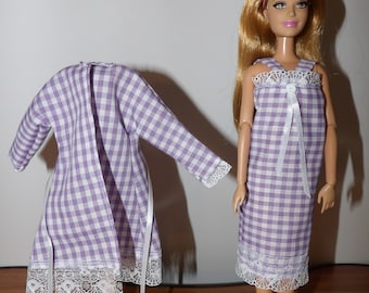 Short purple & white mini check print nightgown and robe set trimmed in lace for Fashion Dolls - ed1697