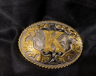 Western Belt Buckle Initial K Cowboy Rodeo Gold Belt Buckle 4" x 3"