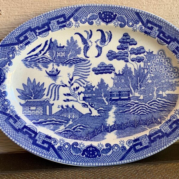 Vintage Mid Century Japanese Blue Williow 12 5/8" Platter