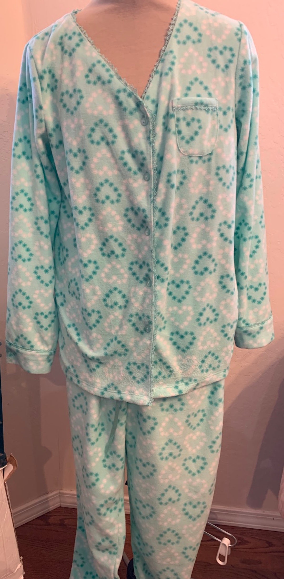 Croft Barrow Fleece Pajamas Green With Hearts Small Etsy