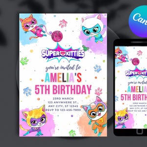 Printable Editable Super Kitty Invite, SuperKitty Birthday, SuperKitties Party invite template, Kitten Invitation Cute Invite