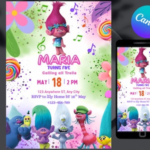 Trolls Birthday Invitation: Printable Party Invite, Editable Canva Template (PDF File)