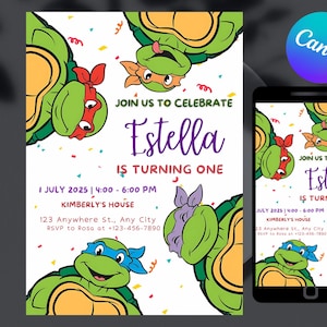 May include: A birthday invitation featuring Teenage Mutant Ninja Turtles. The invitation includes the text "Join us to celebrate Estella is turning one" and event details. A smartphone displays the same invitation.