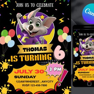 May include: A birthday party invitation featuring a cartoon character, balloons, and the text "Thomas is turning 6." The invitation is black with yellow, pink, and purple accents. A smaller version is displayed on a smartphone.