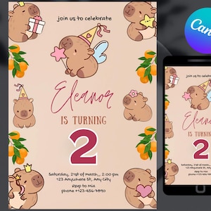 EDITABLE Capybara invitation , Capybara Birthday , Capy Birthday, Kawaii Capybara, Capybara Party Invite, Digital Template, Capybara Cute